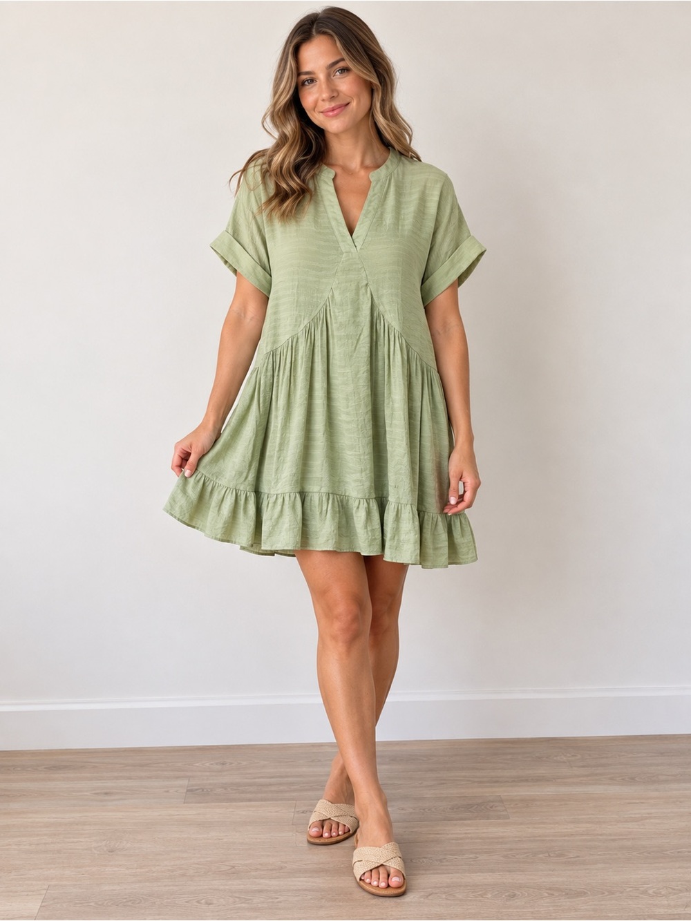 Lalavon Sage Green Tiered Mini Dress Size Small NWT